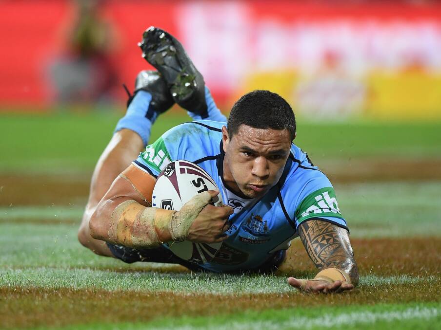 Top debut: Dragons' player Tyson Frizell scores on debut for NSW in Game II of the State of Origin series Picture: Matt Roberts, Getty Images