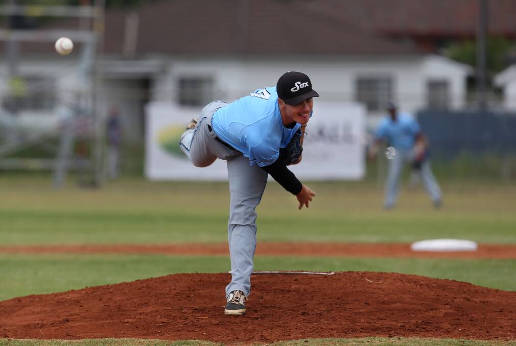 Strike zone: Sydney Blue Sox pitcher Aaron Sookee during the game against Canberra Cavalry at Dalton Park. Picture: Robert Peet