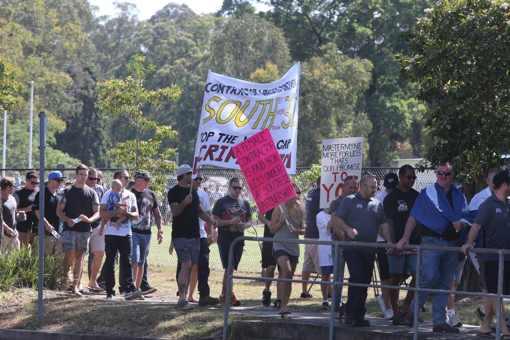 Appin mineworkers protesting contractors' pay rates in December. Miners from contracting company Delta Mining will consider an improved pay deal on Monday. Picture: Robert Peet