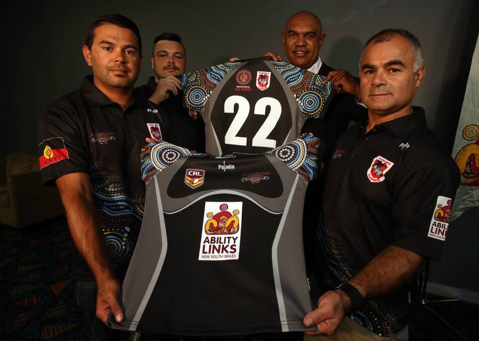 ALL-STAR PRIDE: Scott Morgan, Liam Corey, Ricky Walford and Glen Sutherland (artist) show off the Greater Southern Region Indigenous All-Stars jersey ahead of Friday's clash at Ziems Park. Picture: Robert Peet