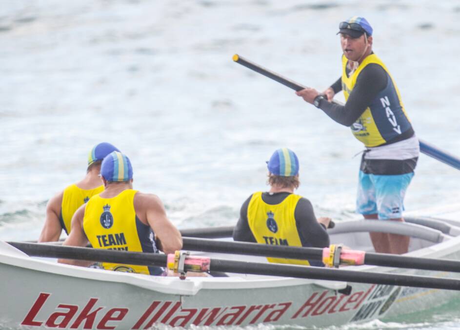 Leading the way: Lake Illawarra open men  Surf Rowing League head back to shore at Shellharbour on Saturday.
