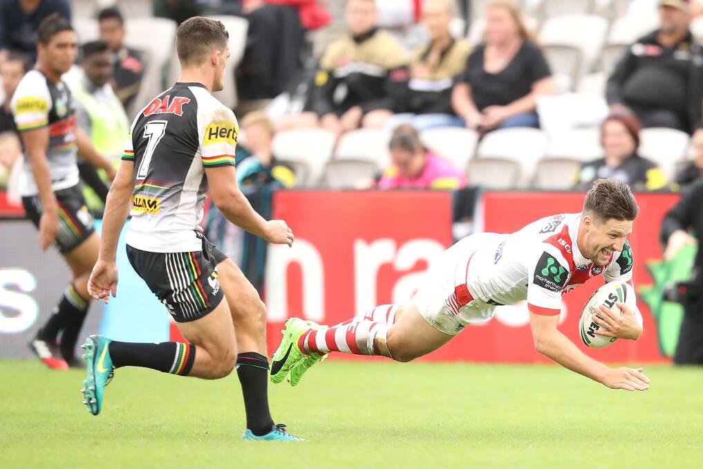 Try time: Gareth Widdop dives over the score against Penrith in Saturday's season-opener  at UOW Jubilee Oval. Picture: Mark Kolbe/Getty Images