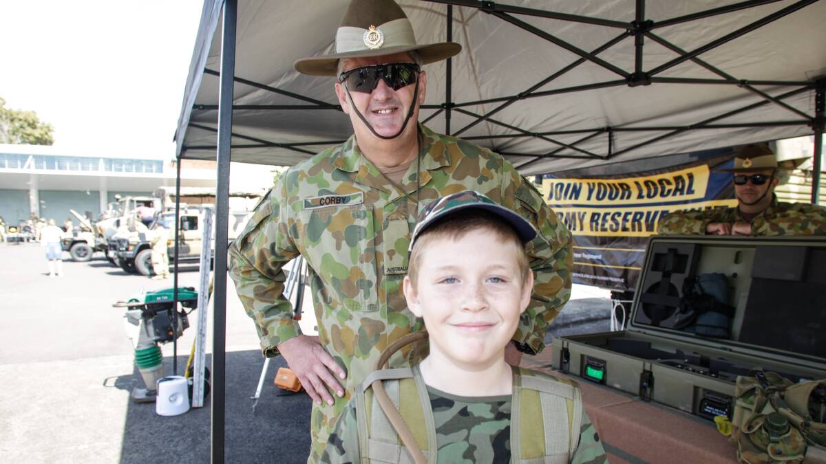 OPEN DAY: Locklan Frost and Sappa Corby at the Army Reserve open day in Wollongong. Hundreds turned out on Saturday for the annual event. Picture: Georgia Matts 