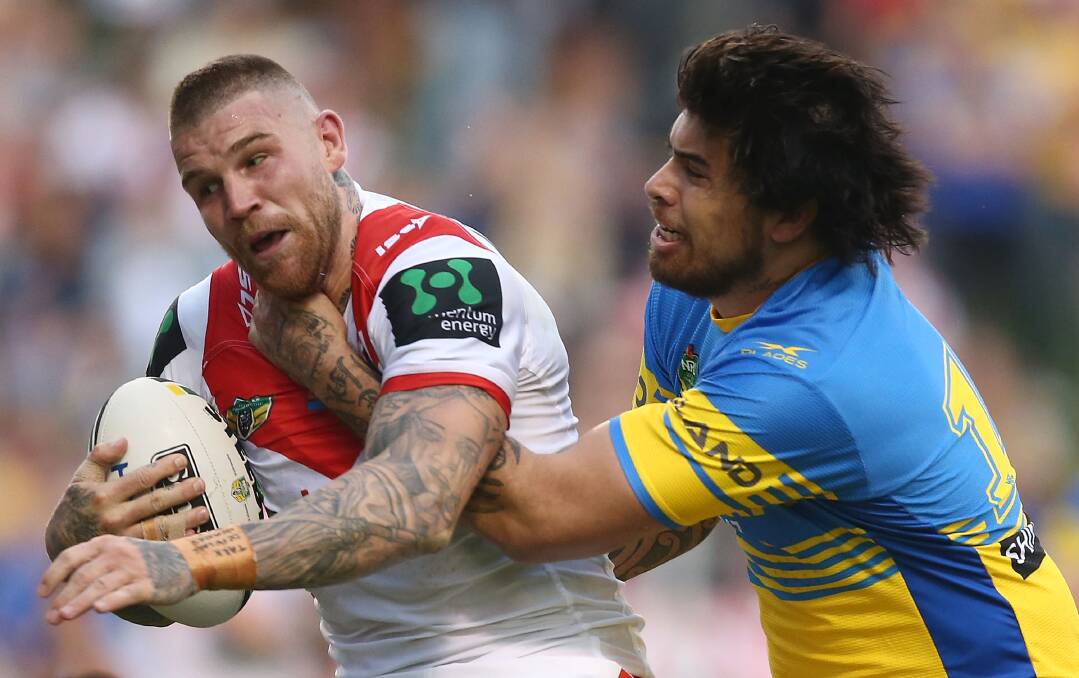 Sticking around? Josh Dugan in the loss to Parramatta at WIN Stadium on Sunday. Does he have a future at the Dragons? Picture: by Mark Metcalfe/Getty Images