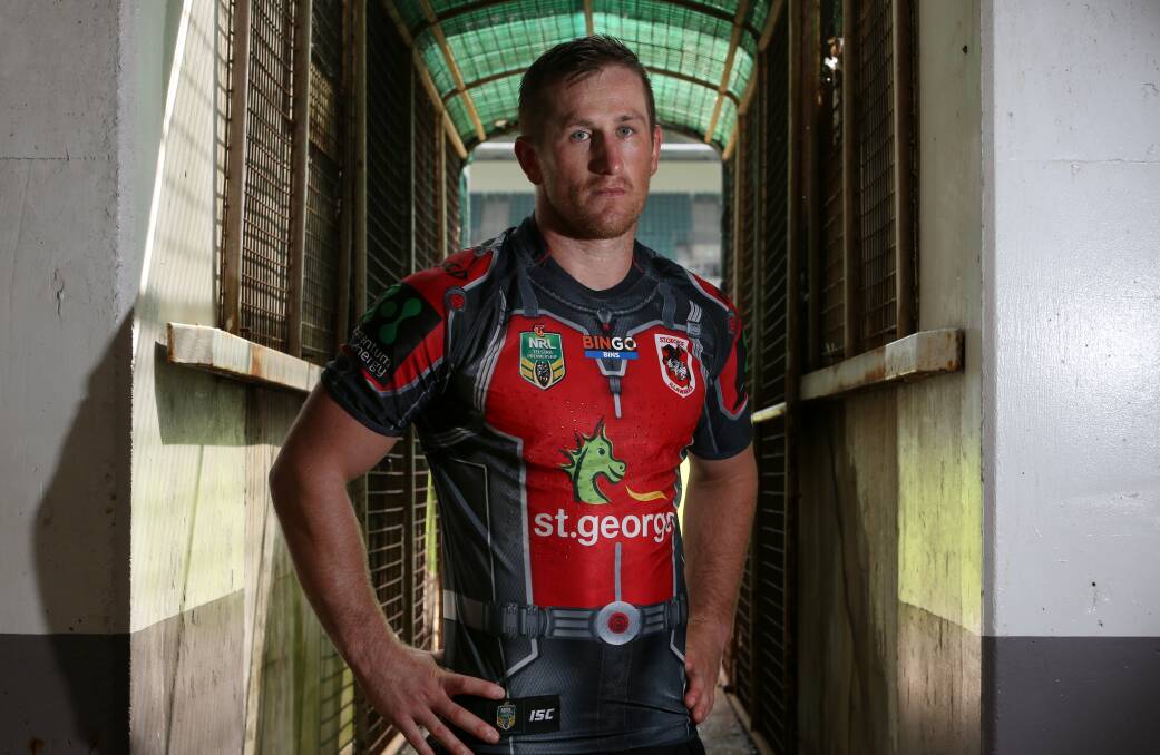 SUITED UP: Dragons halfback Josh McCrone models the Ant-Man strip by ISC that the club will wear in round four against the Warriors. Picture: Robert Peet