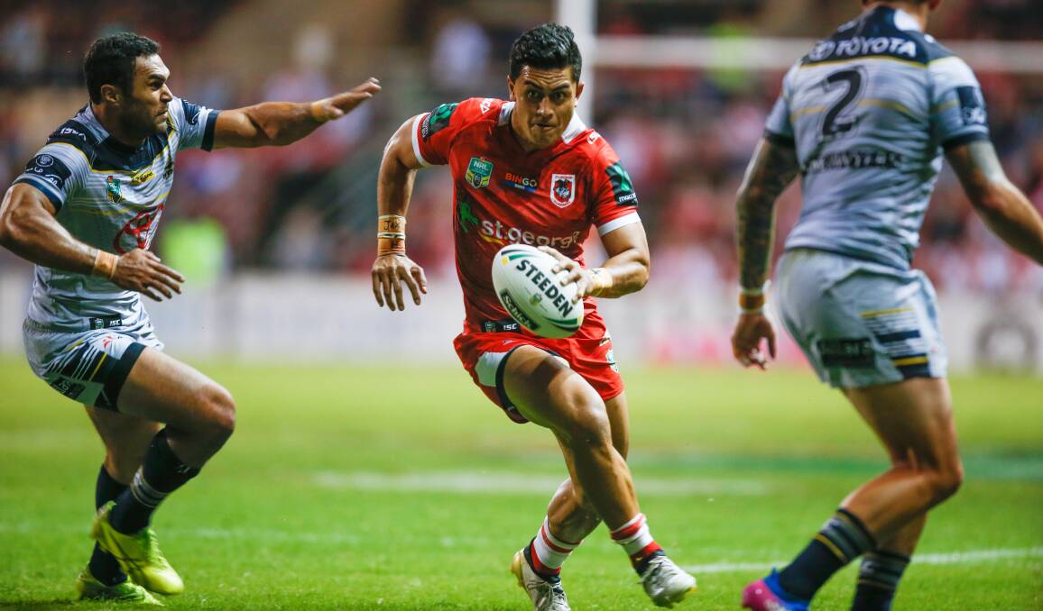 BACK IN FORM: Dragons centre Tim Lafai scored a double in his side's 28-22 voctpry over North Queensland on Saturday night. Picture: Georgia Matts