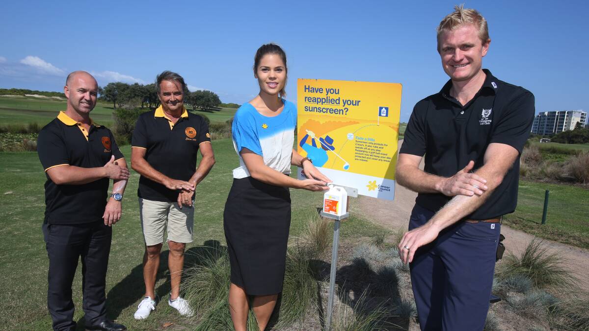 Sun safety: Wollongong Whales members Shayne Howle and Kevin Anger; Cancer Council NSW's Emma Swords and Greg Kerr from Wollongong Golf Club have joined forces for a cancer prevention campaign. Picture: Robert Peet