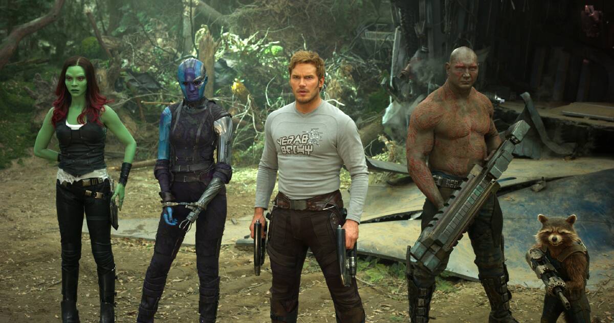 Zoe Saldana, Karen Gillan, Chris Pratt, Dave Bautista and Rocket (voiced by Bradley Cooper) in a scene from "Guardians Of The Galaxy Vol. 2".