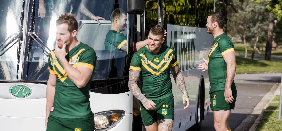 Green and bold: Australian centre Josh Dugan will take on New Zealand on Friday. Picture: Jamila Toderas