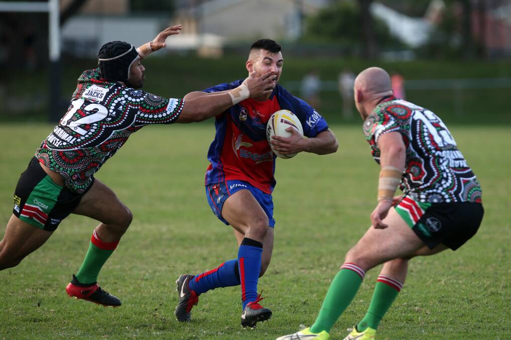 Corrimal v Wests at Ziems Park. Wests number 7 Justin Rodrigues attempts to break through Corrimal's defence. Picture: Sylvia Liber