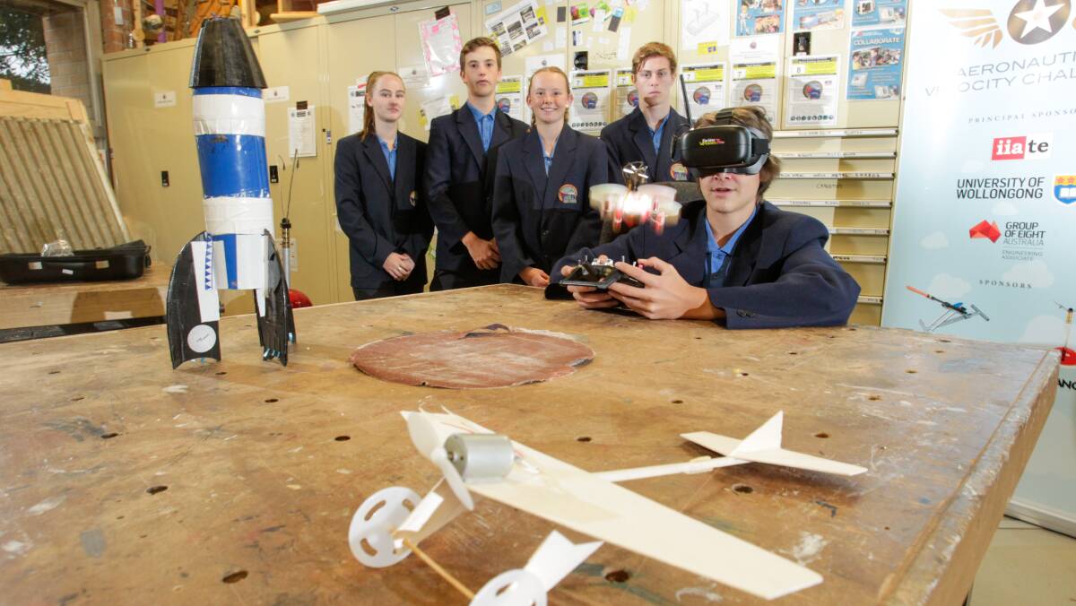 Ready to launch: Bulli High students Evie Fulton, Darcy Bell, Hannah Bowen, Zachary Brett and Nick York gear up for the Aeronautical Velocity Challenge. Picture: Adam McLean