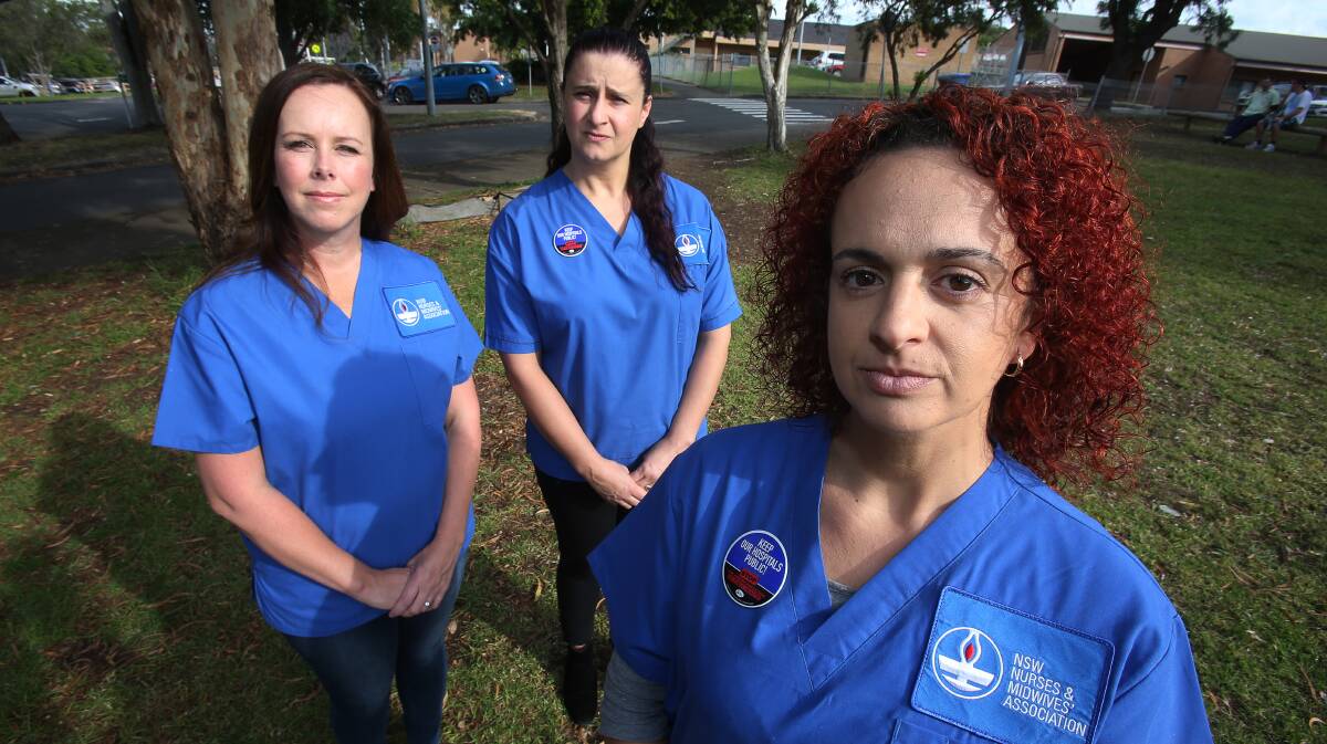 Concerned: Shellharbour Hospital nurses Chevonne Cowell, Silvana Dimovski and Nadia Rodriguez want the state government to deliver on its promise to fund an upgrade of the ageing facility. Picture: Robert Peet