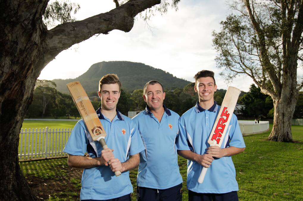 Wield the willow: Tane Nunn (left) and Matt Calder will play in the NSW CHS tour of England, with coach Darren Nunn. Picture: Adam McLean