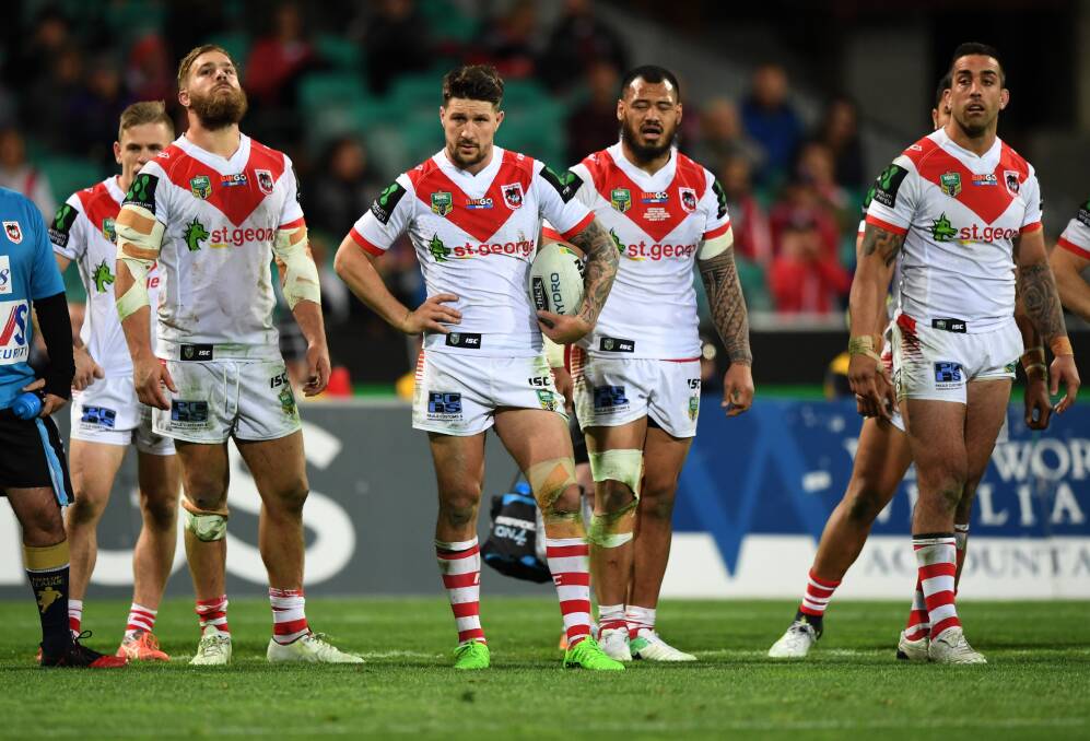 TOUGH PILL: The Dragons squandered a 10-point lead in the final five minutes to sink to a 26-24 loss to the Rabbitohs. Picture: AAP
