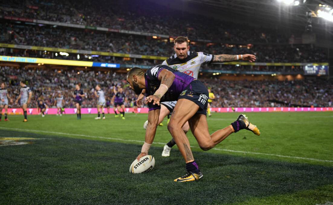 Try time: Joshua Addo-Carr scores for Melbourne Storm in the NRL grand final. Picture: AAP Image/Dan Himbrechts