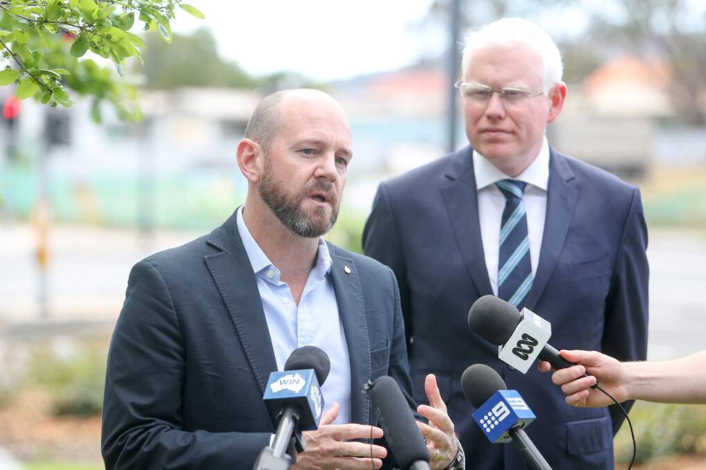 Regional Water Minister Niall Blair and Gareth Ward at the announcement of a 270-kilometre steel pipeline - most of which will be made at BlueScope. Picture: Adam McLean