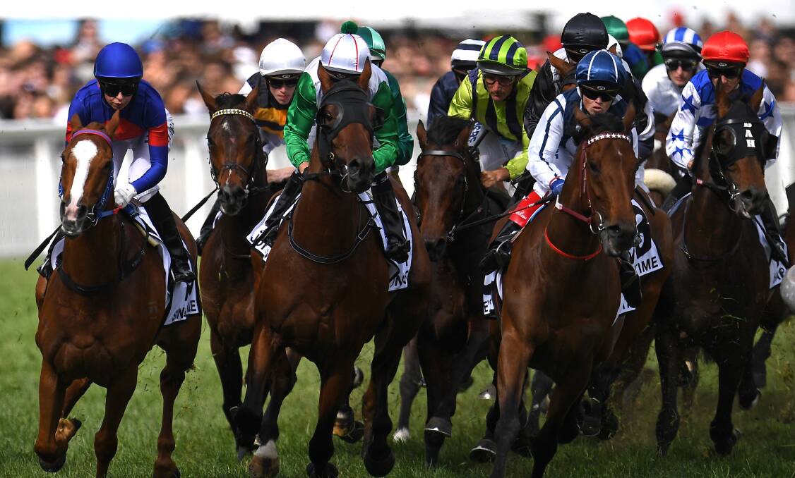 Single Gaze (left), with Lord Fandango, Jon Snow, Ventura Storm, Amelie' Star and Harlem gallop in the Caulfield Cup.