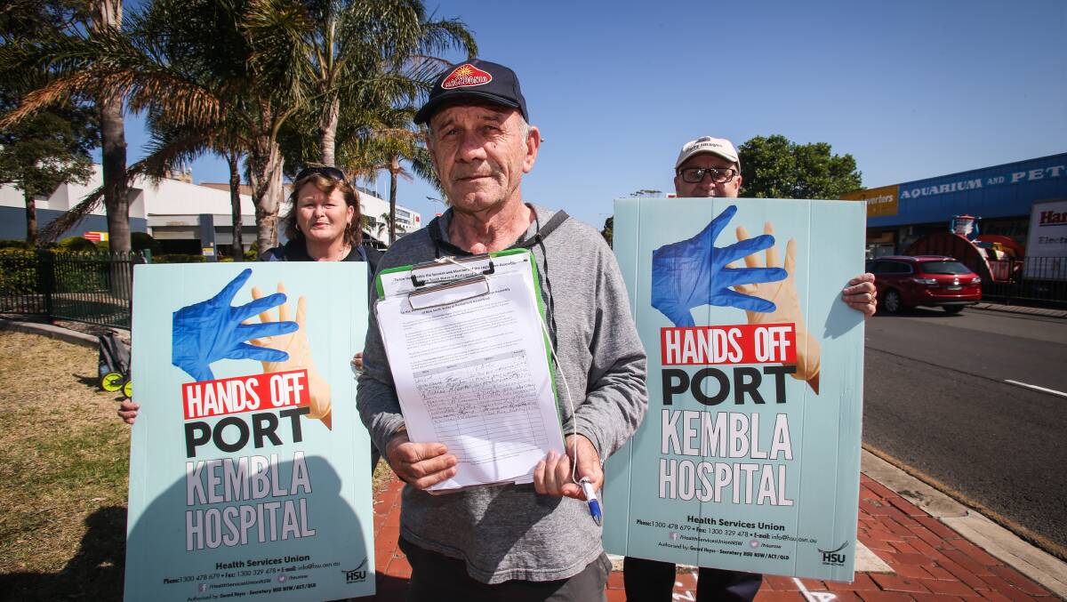 Future unclear: Donnamaree Gasparrini, Karo Elizeski and Greg Rigby took to the streets of Warrawong as part of a health union campaign to save Port Kembla Hospital. Picture: Georgia Matts