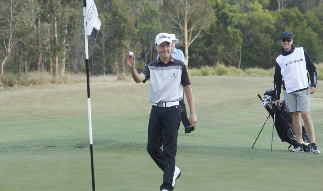 ACE: Thomas Heaton after hitting a hole in one at second hole in first round of NSW Open. Picture: PGA of Australia