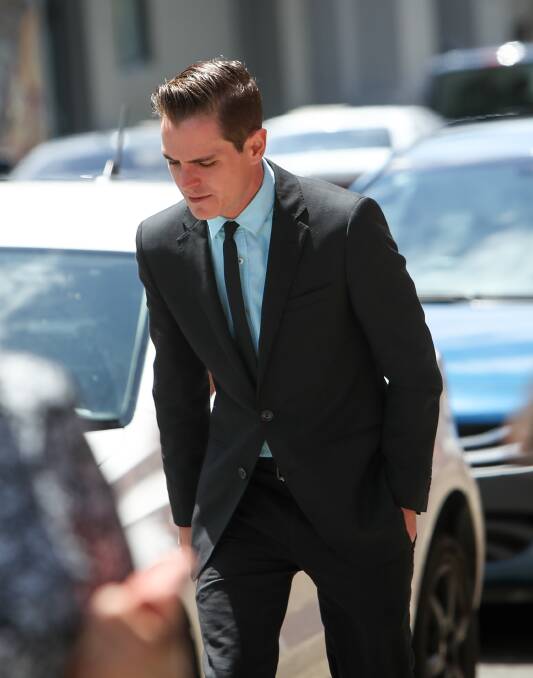 On trial: Jay Patterson arrives at Wollongong courthouse on Tuesday to face accusations he sent explicit images to an underage student.