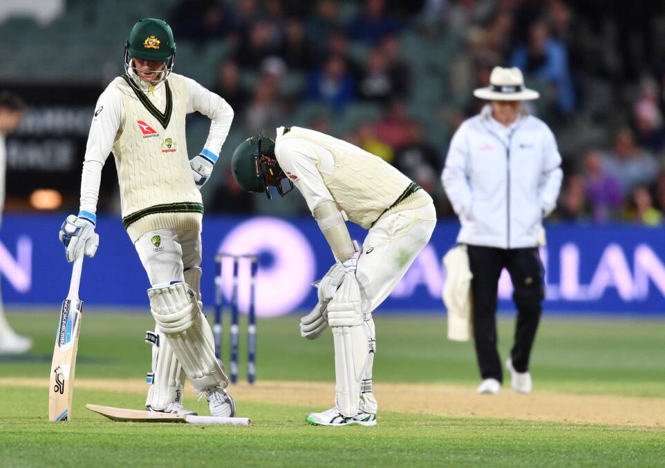 Pain barrier: Nathan Lyon of Australia (R) pauses after receiving a blow to his body. Picture: AAP Image/David Mariuz