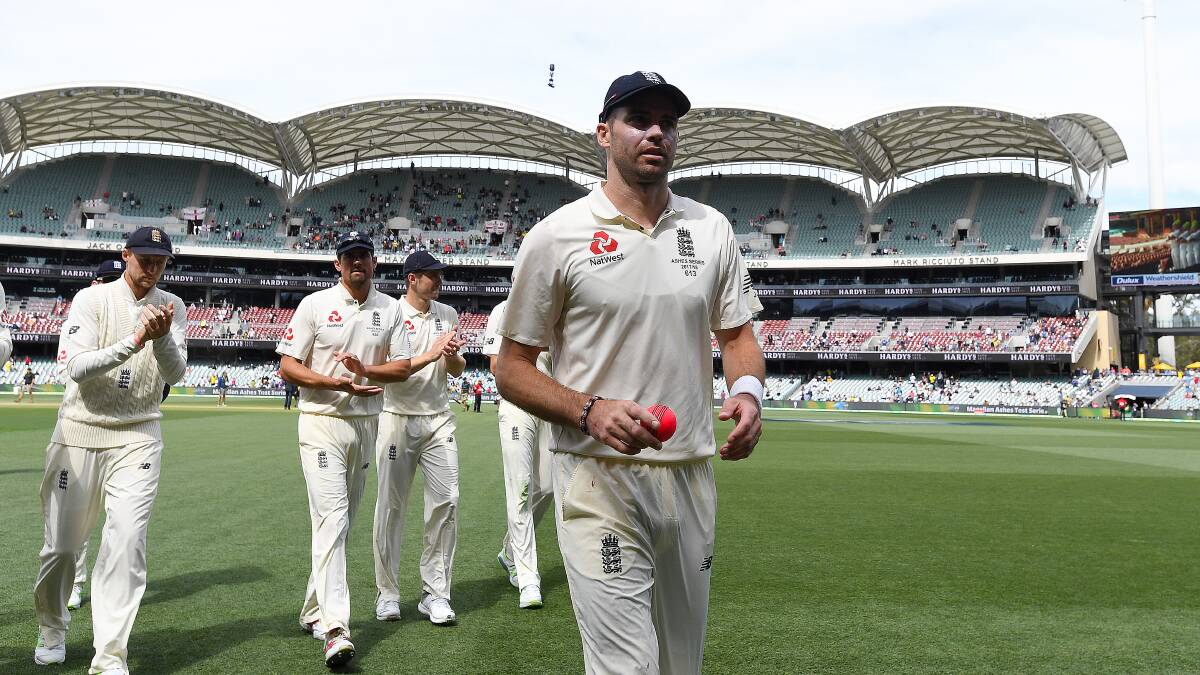 England bowler James Anderson after taking five wickets in Adelaide. Picture: AAP Image/Dave Hunt