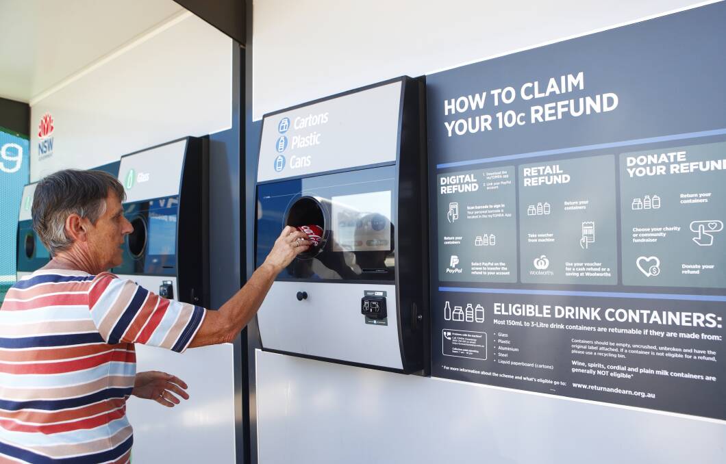 Return and Earn reverse-vending machines pay people 10 cents for every eligible bottle or can. Picture: Daniel Munoz