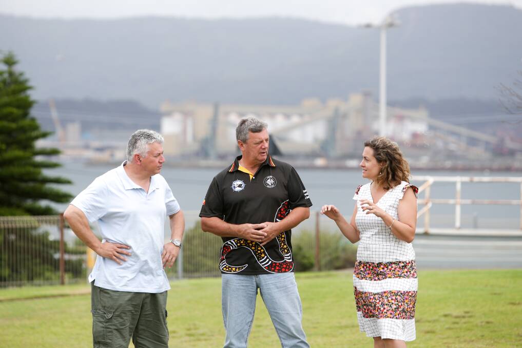 South Coast Labor Council's Arthur Rorris with Maritime Union Branch Secretary Garry Keane and Sandra Pires from Why Documentaries at Port Kembla. Picture: Adam McLean