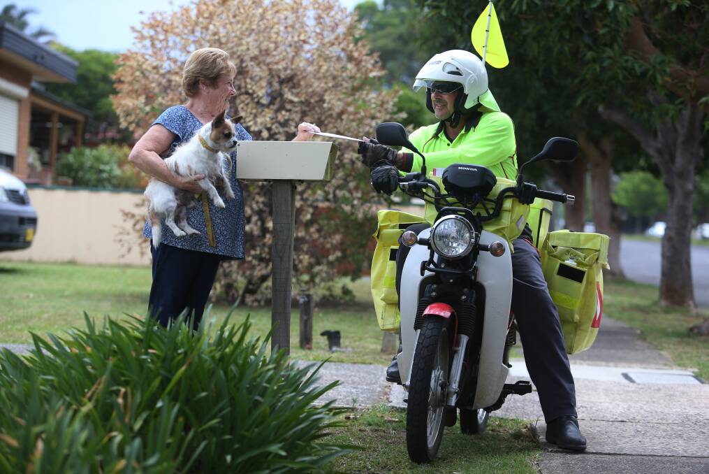 Restrained: Oak Flats resident Lenore Hutchison keeps her neighbour's dog Banjo secure as Grant Meares delivers her mail. Picture: Robert Peet