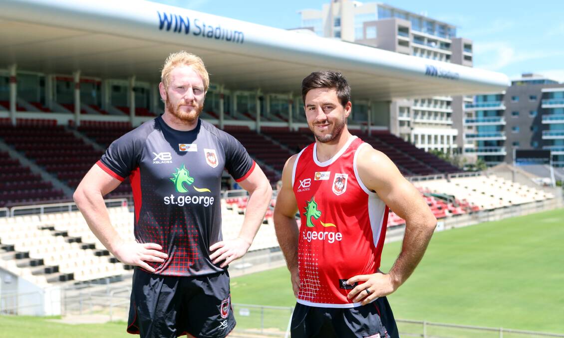 BATTLE HARDENED: Marquee Dragons recruits James Graham and Ben Hunt at their new WIN Stadium digs. Picture: Sylvia Liber. 