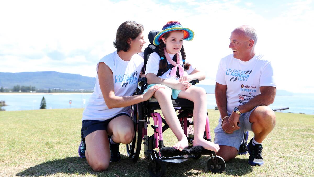 Great cause: Woonona resident Nyree Saxby with her daughter Chloe and the Great Illawarra Walk founder Chris Lovatt at the launch of the 2018 event. Pictures: Sylvia Liber