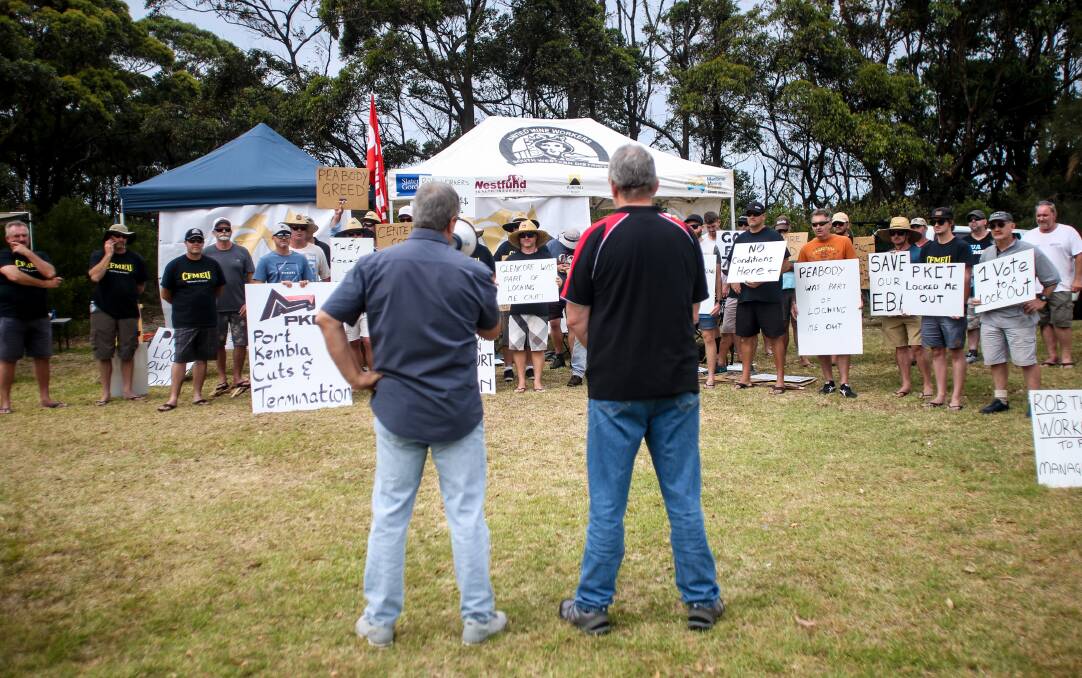 BATTLE FRONT: Union leaders address the workers who, after being locked out by the Port Kembla Coal Terminal, protested outside on Friday. Picture: GEORGIA MATTS.