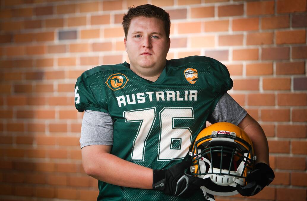 Imposing figure: Mustangs offensive lineman Jacob Sheil is off to Mexico where he will represent Australia at the Junior World Cup in July. Picture: Adam McLean. 