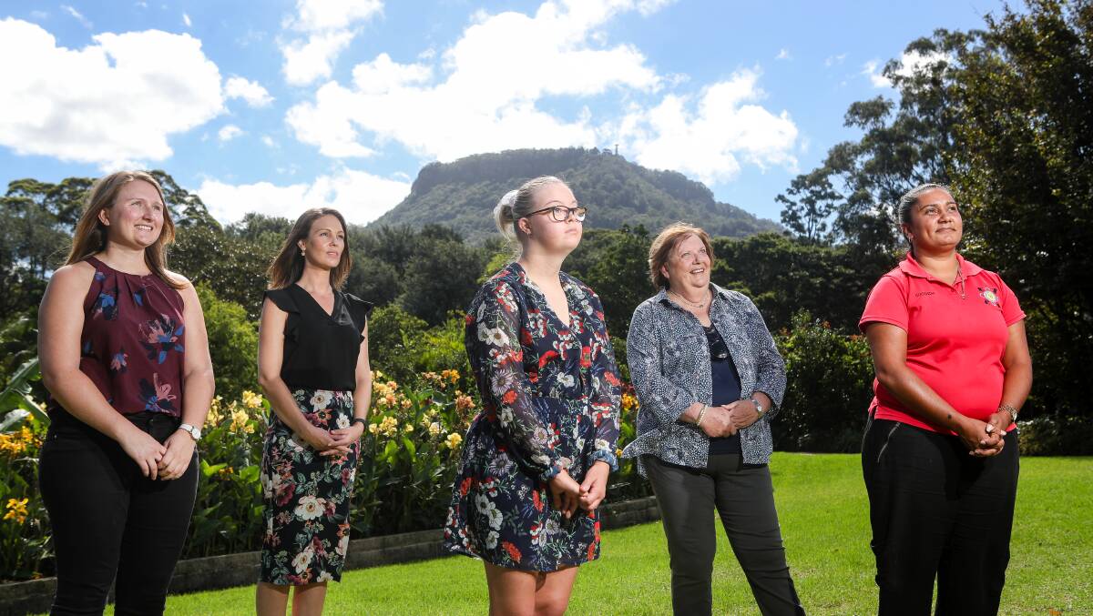 The 2018 Illawarra International Women's Day scholarship recipients - Jessica Faustini, Dr Kara Vine-Perrow, Natalie Gartshore, Josephine Mason and Selai Storer. Picture: Adam McLean