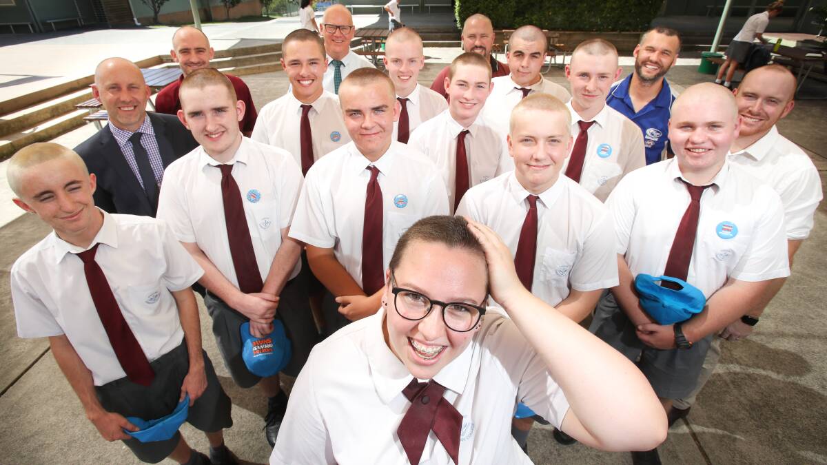 Fundraiser: Parris Duggan (centre) with fellow Cedars Christian College students and teachers who participated in the World's Greatest Shave on March 15. Picture: Adam McLean