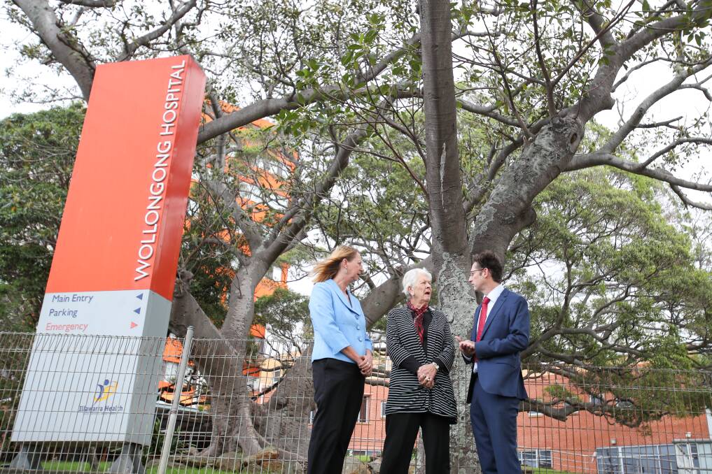 Lost funds: Community activist Fay Campbell (centre) with Cunningham MP Sharon Bird and Whitlam MP Stephen Jones outside Wollongong Hospital, which they claim faces cuts of $4.85 million. Picture: Adam McLean