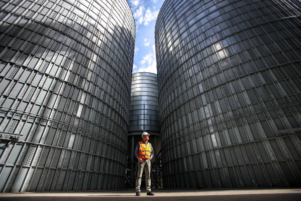 Grain store: Quattro Ports grain terminal manager Dene Ladmore in the middle of some of the Port Kembla terminal's 17 silos. Picture: Adam McLean