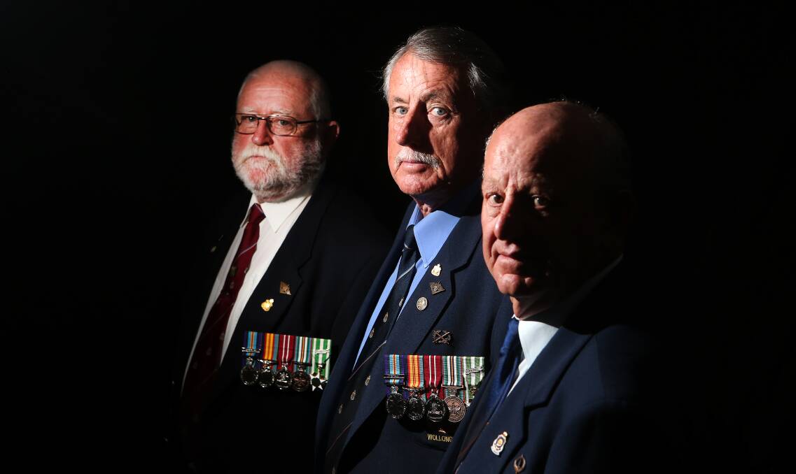 Resilient and proud: Wollongong Vietnam veterans Will Simpson (1 Field Squadron), Graham Bennett (1 Field Squadron) and Ian Calloway (1 Australian Reinforcement Unit). Picture: Sylvia Liber