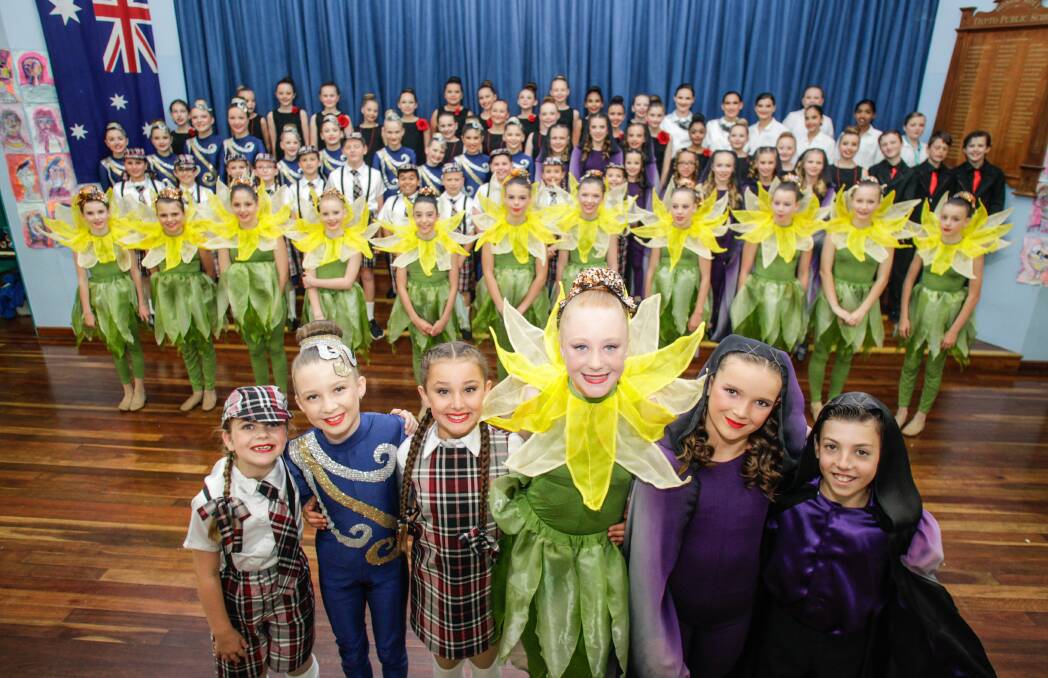 AT FRONT: Grace Healey, Tahlia Young, Mason Hennessy, Ella Grossmann, Kate Bonnie and Jordan Murray with the Dapto Public dance group. Picture: Georgia Matts 