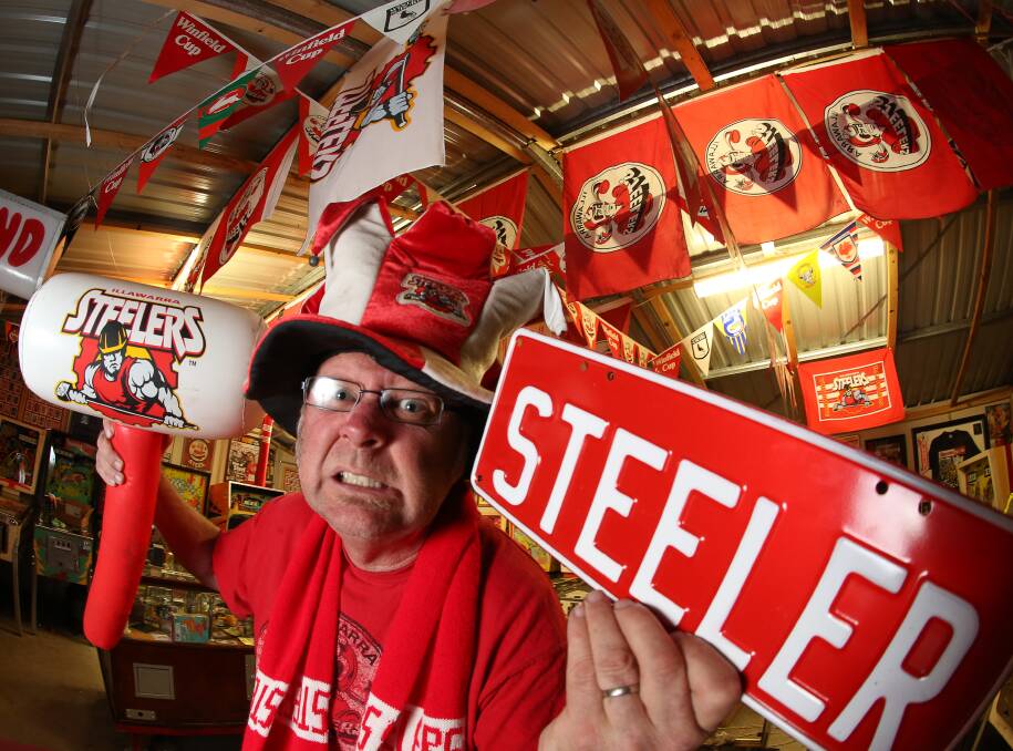 Loyal fans never die: Rusted-on fan Tony Mather, pictured in his Steeler den at home in Bulli, is backing the Cutters. Picture: Robert Peet