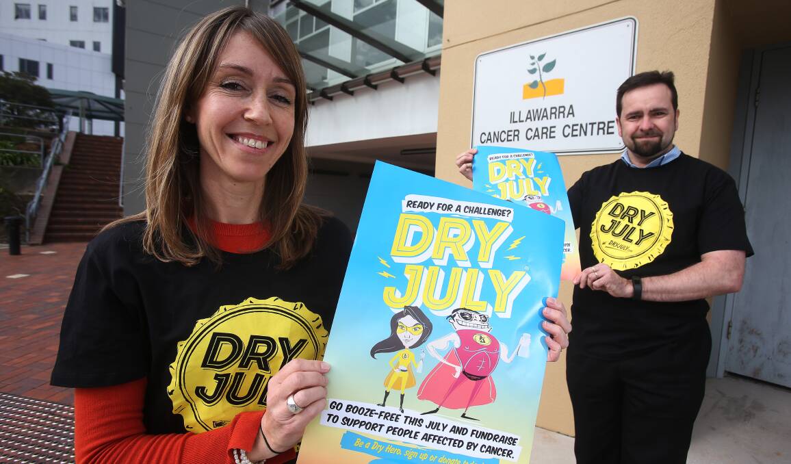 Sobriety test: Illawarra Cancer Care Centre employees Amy Hains and Steve Dunn encourage community members to take part in this year's Dry July. Picture: Robert Peet