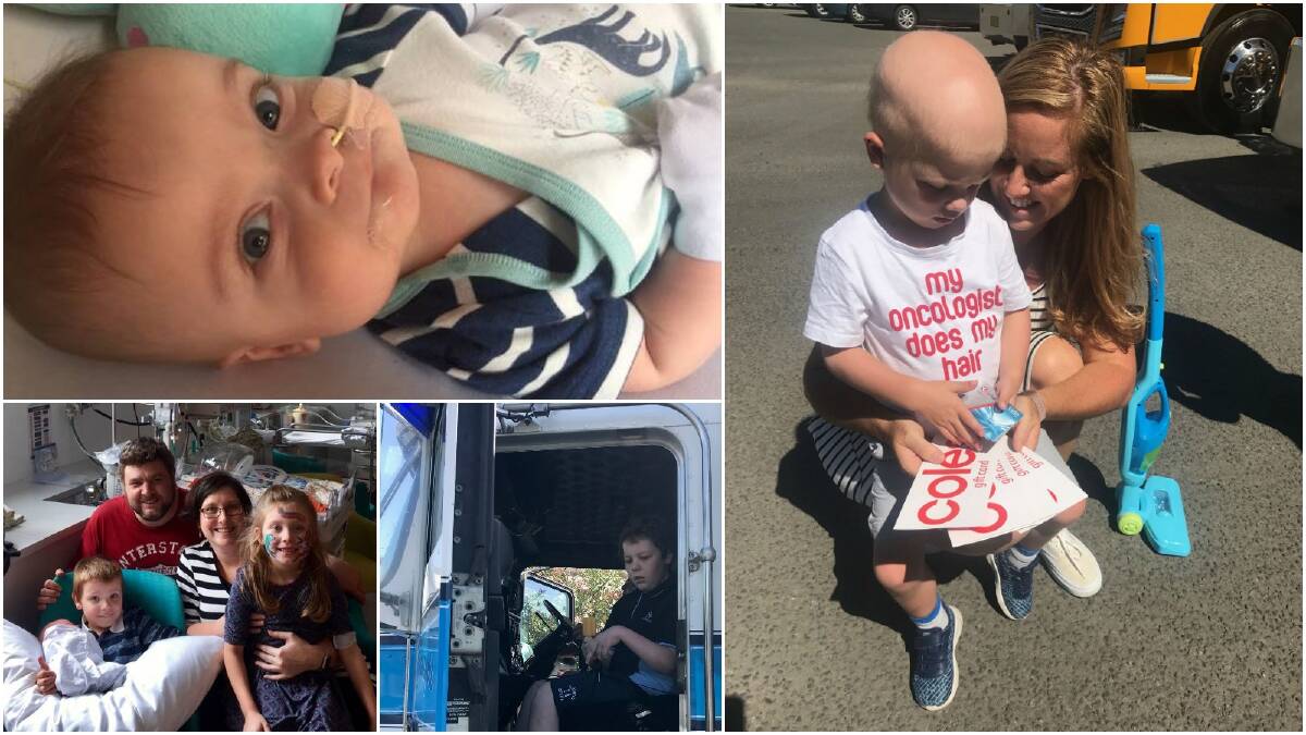 Kids in need: Convoy proceeds are helping Illawarra families including (clockwise from top left) Helensburgh boy Korbyn Myers; Quade Shaman from Woonona with mum Kylie; James from Koonawarra and Korbyn with his family. Pictures: Supplied