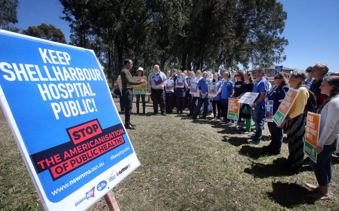 Protest: NSW Greens MP Jeremy Buckingham addressed Shellharbour Hospital nursing and support staff during a rally against the proposed part privatisation of the facility on Monday. Picture: Robert Peet