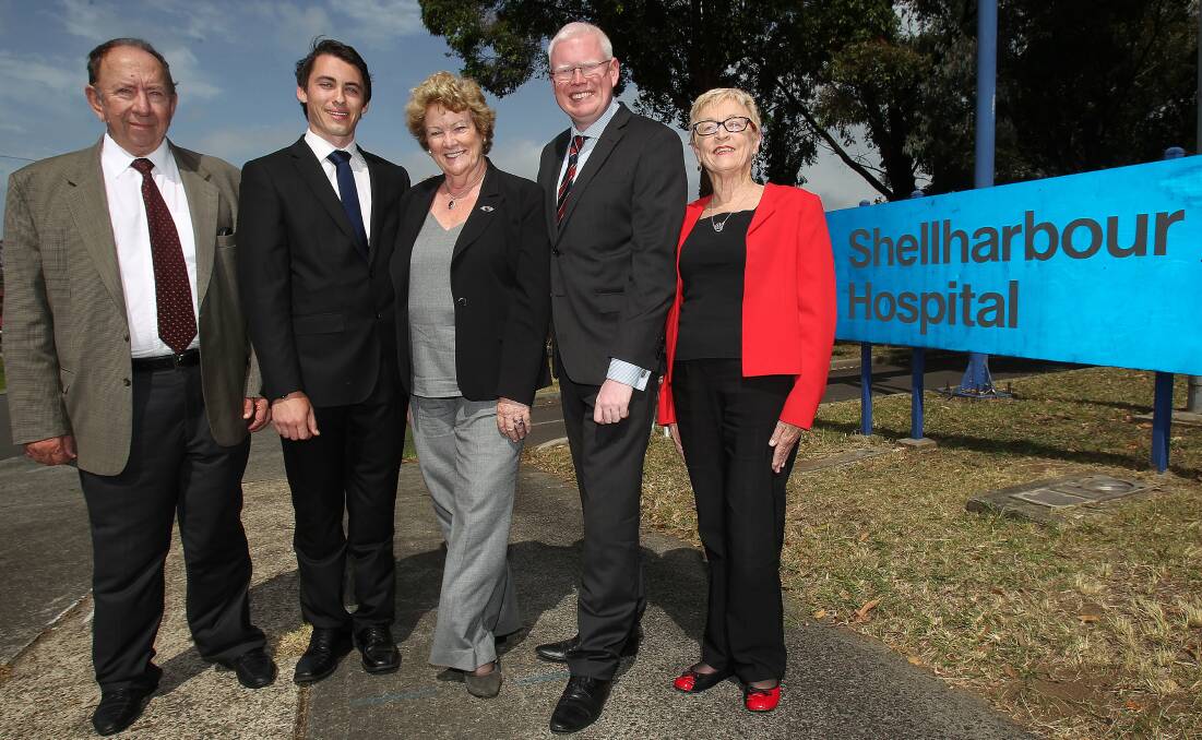 2015 announcement: Illawarra Shoalhaven Local Health District board chairman Denis King, former Liberal candidate for Shellharbour Mark Jones, NSW Health Minister Jillian Skinner, Kiama MP Gareth Ward and ISLHD board member Kathy Eager at Shellharbour Hospital for the March 20, 2015, funding announcement. Picture: Greg Totman