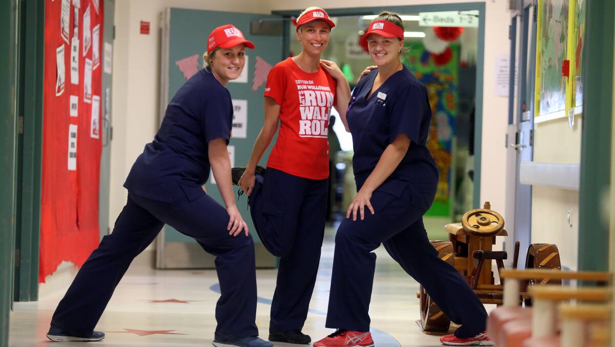 Join the fun: Wollongong Hospital children's ward nurses Kate Atkinson, Alicia McQuade and Natalie Atkins in training for Sunday's fourth annual Run Wollongong. Picture: Robert Peet