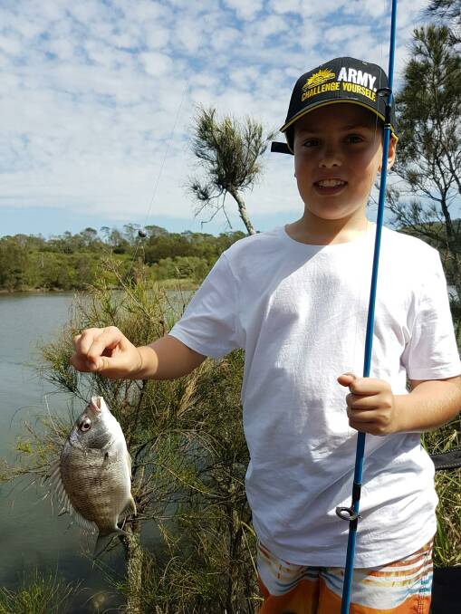 Lazing at the lake: Young Kade Hall fished Lake Illawarra to catch and release this bream. (photos submited for publication should be high re - at least 1MB)