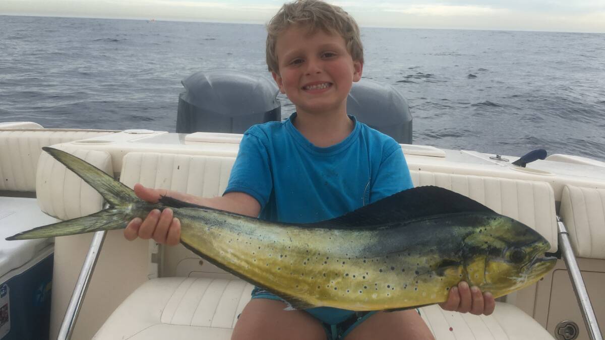 Great catch!: Ashton Mekisic with a nice dolly taken on a live yellowtail. There are plenty of  dollies out on the DPI/Fisheries FADs.
