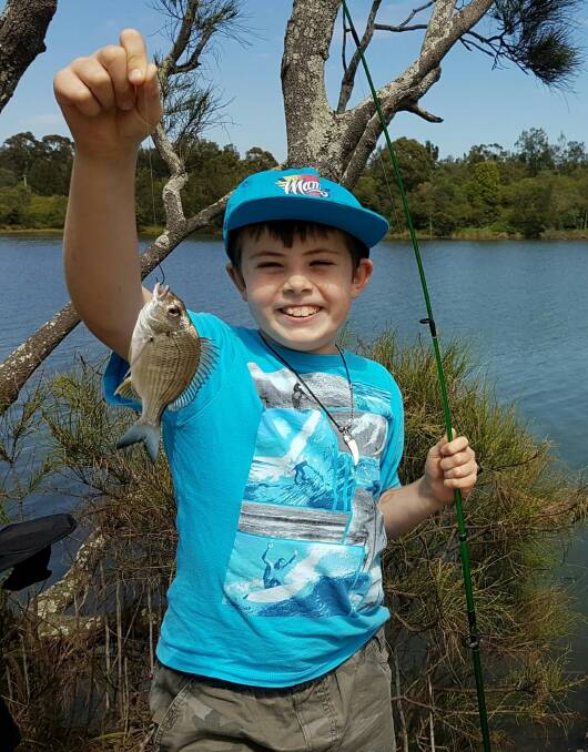 Cute catch: Jude Hall is proud as punch with his baby bream just before he released it back into Lake Illawarra.