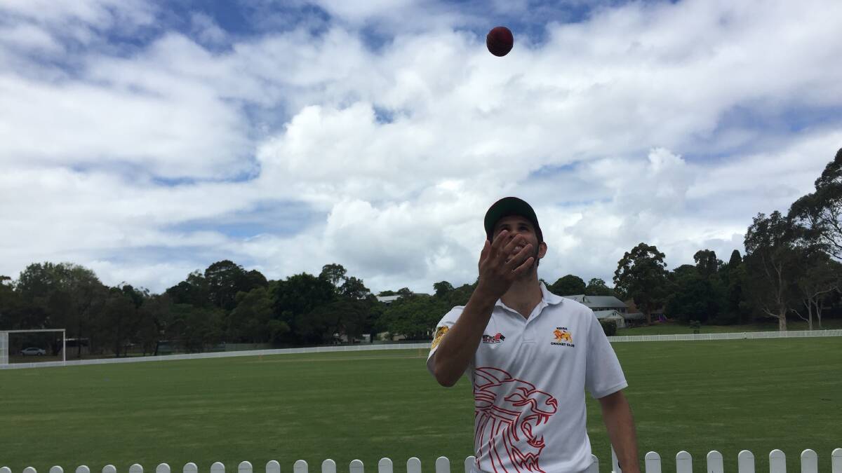 Incredible: Keira spinner Matt Scavarelli with the ball he took 7/9 including a hat-trick against Wests Illawarra at Keira Oval. Picture: MIKE DRISCOLL 