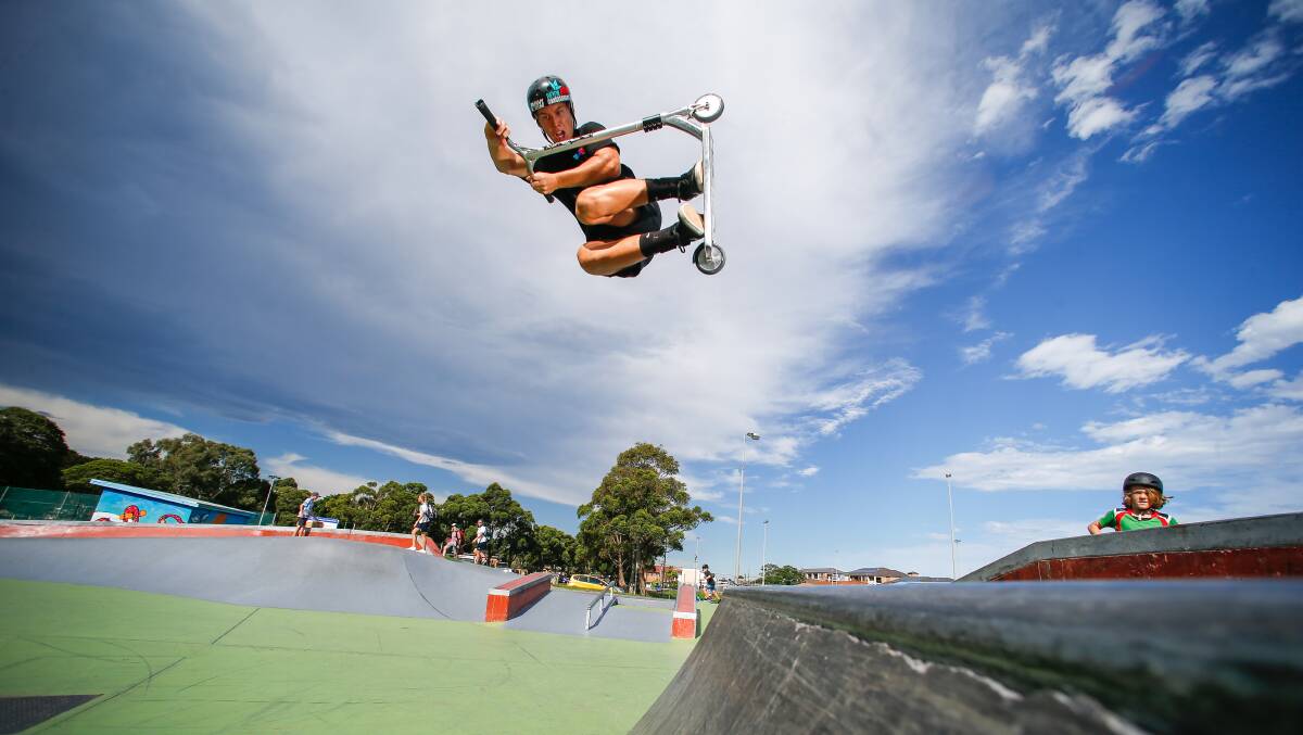 AIR TIME: Towradgi teenager Angus Hughes shows off the form which saw him win the open category of the NSW Scooter Championships. Picture: Adam McLean